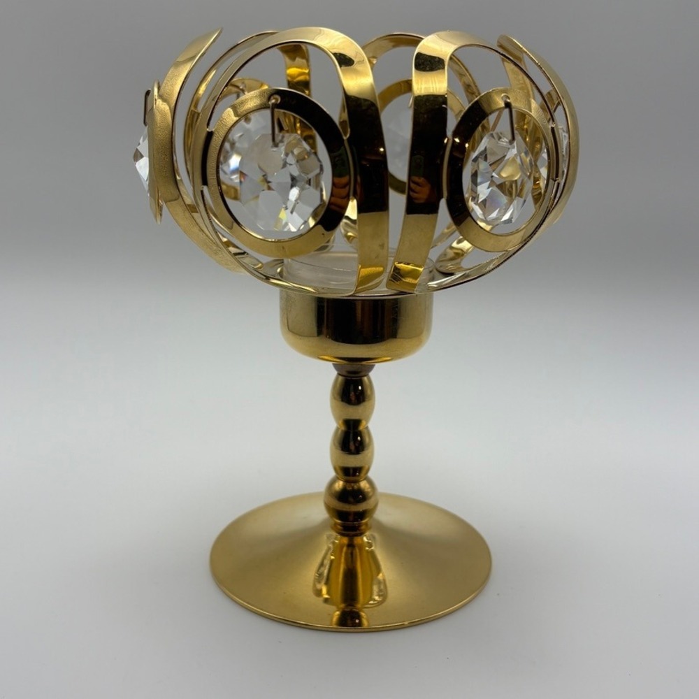 Gold Pedestal Hollywood Glam Tea-light‎ Candle Holder Hanging Faceted Crystals